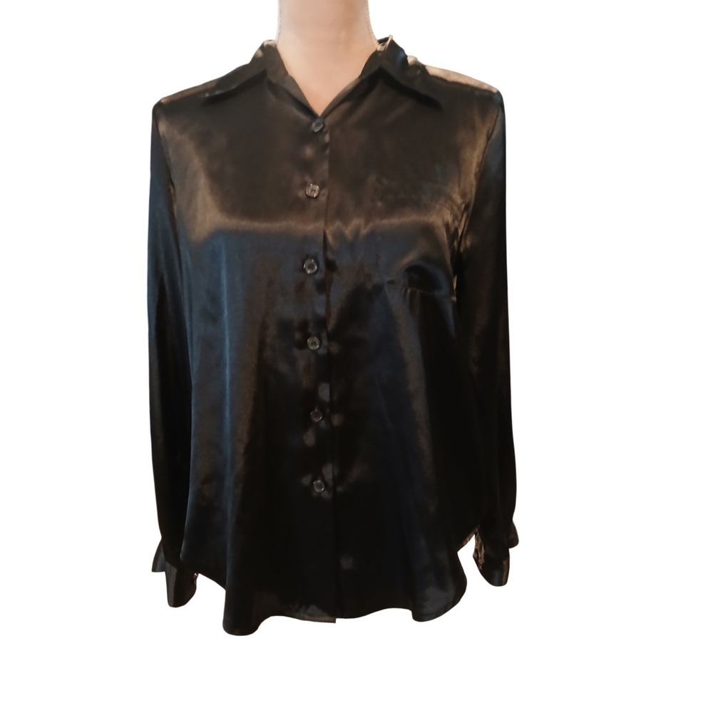 Jaclyn Smith sz 8 Black Satin Button Down Blouse Long Sleeve Pocket Top